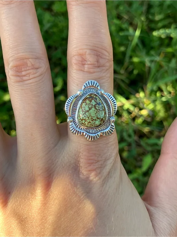 Genuine Green Turquoise Sterling Silver Ring Size 8 - Image 3