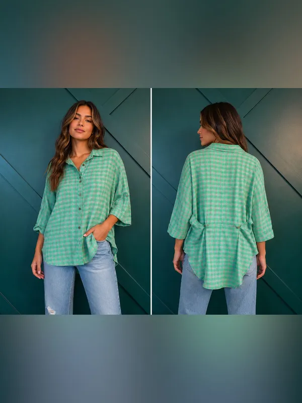 easel Mint Green Gingham Button-Up Tunic Top Relaxed Fit Cottagecore - Image 2