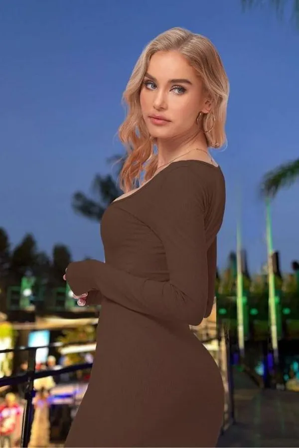 NEW Brown Bodycon Ribbed Long Sleeve Square Neck Maxi Dress XS - Image 5