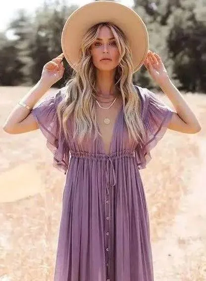 VICI Mauve Purple Button Front Cinched Waist Maxi Dress - Image 2