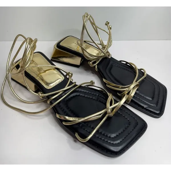 Top Shop Ankle Wrap Sandals Size‎ 6US Gold Black Square Toe Block Heel - Image 2