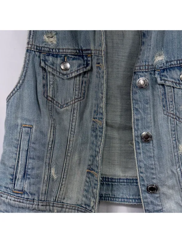 American Eagle Distressed Denim Vest Women’s Medium Light Wash Jean Vest - Image 3