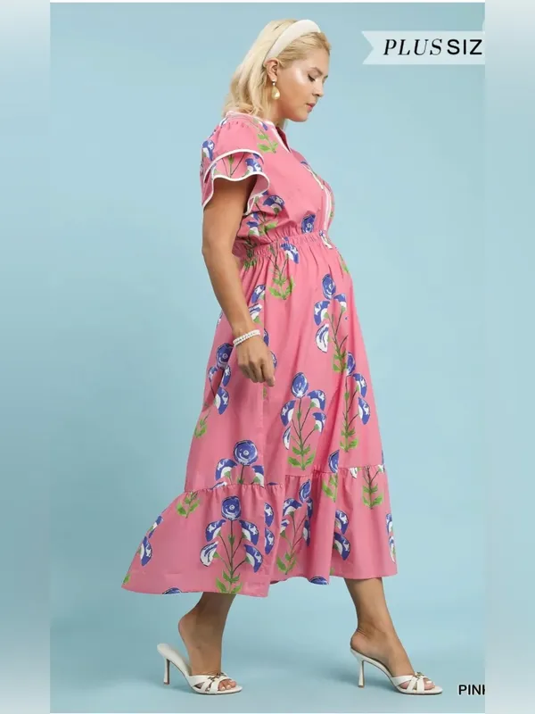 New! Umgee Plus Size Cotton Pink Floral Midi Dress Size 1X - Image 4