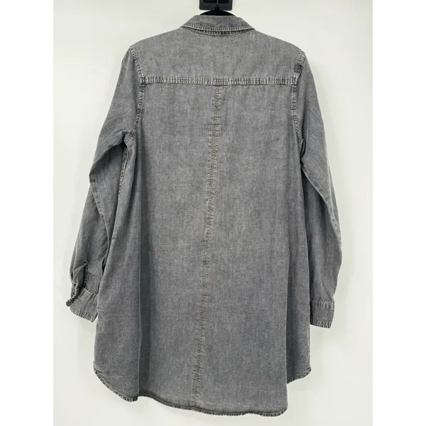 Timing Chambray Cotton Shirt Dress M Pockets Dark Grey Roll Tab Sleeve Summer - Image 2