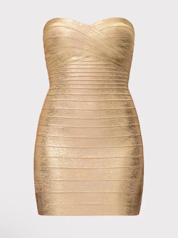 Herve Leger Isla Metallic Strapless Gold Bandage Mini Dress Size Medium - Image 2