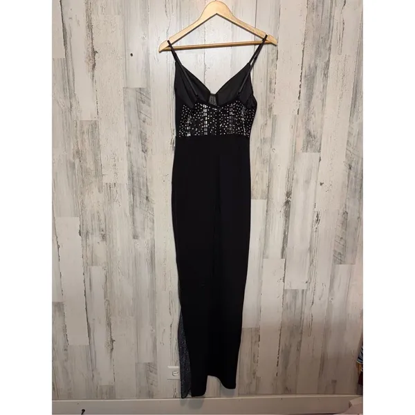 Black Rhinestone Mesh Evening Gown – Slit Maxi Dress, Size M - Image 7