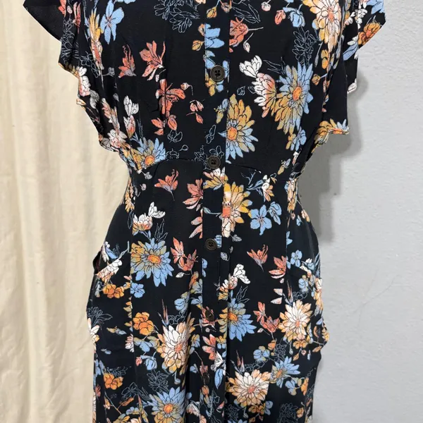 Xhilaration Black Floral Button Front Midi Dress XXL Flutter Sleeve Pockets Boho - Image 5