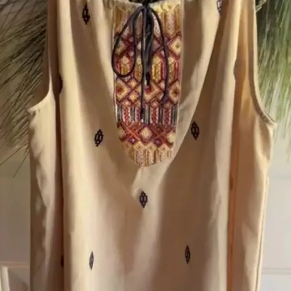 Esley Embroidered Tan Aztec Style Womens Sleeveless Top, Size Large - Image 4