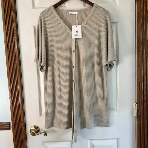 MIHOLL Waffle Knit‎ Button Down Top Tie Front Shirt Blouse XL - Image 8