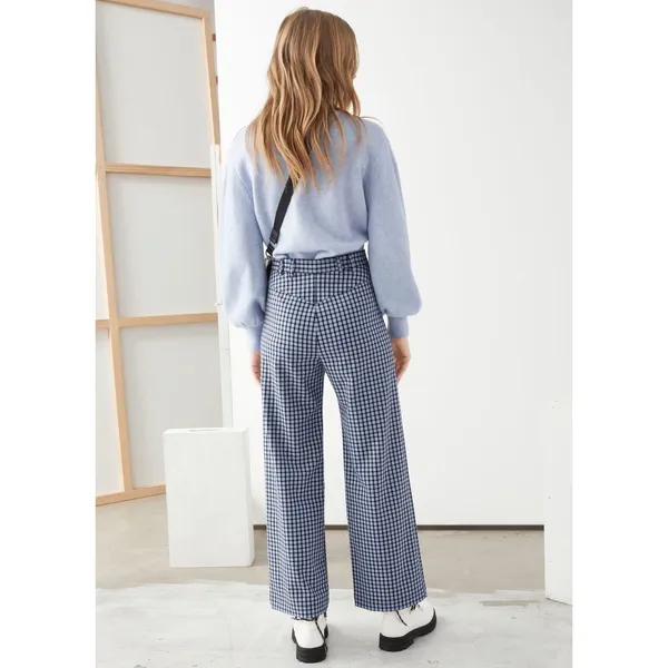 & Other Stories Blue Plaid Kick Flare High Rise Patch Pocket Trousers Size 12 - Image 2