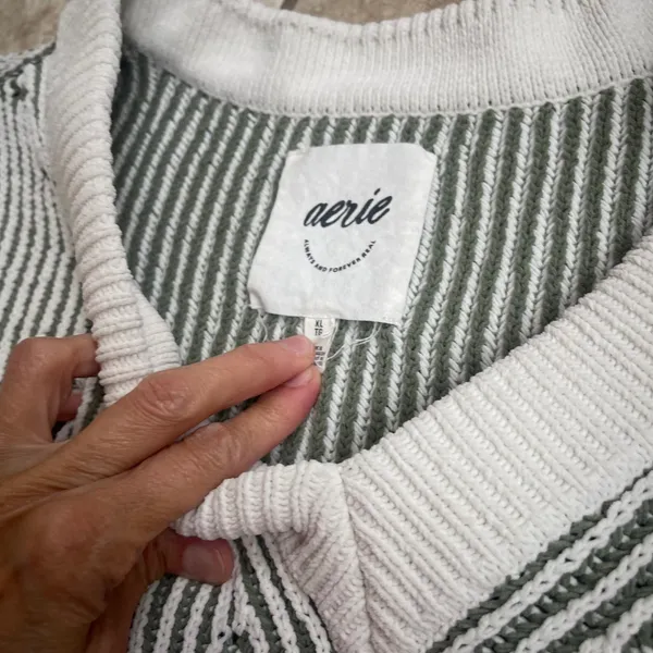 Aerie beyond chenille Striped V-Neck Sweater Sage Green Cream‎ Oversized XL - Image 3