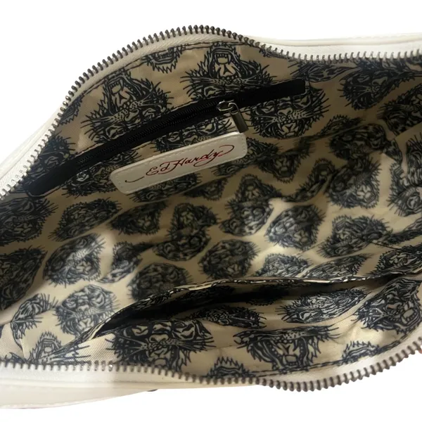 Ed Hardy White Skull Rose Tattoo Print Hobo‎ Shoulder Bag Studded Punk Rock - Image 12