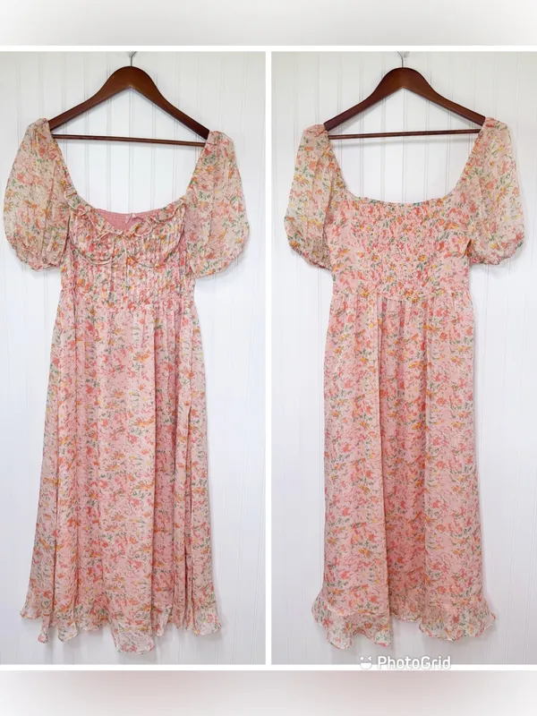 ASTR Lunaria Milkmaid Midi Dress Large Peach Floral Wedding Guest Garden Party - Image 2