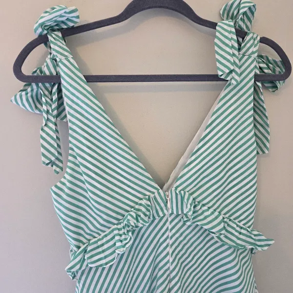 BCBGeneration Green and White Striped V-Neck Tie Shoulder Dress - Image 5