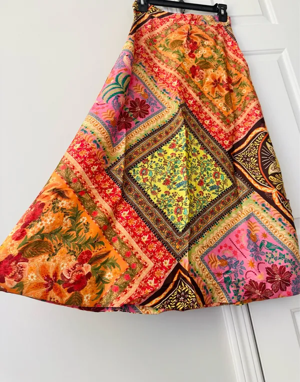 Farm Rio Mixed Scarves Satin Slip Midi Skirt, Size XS - Image 7