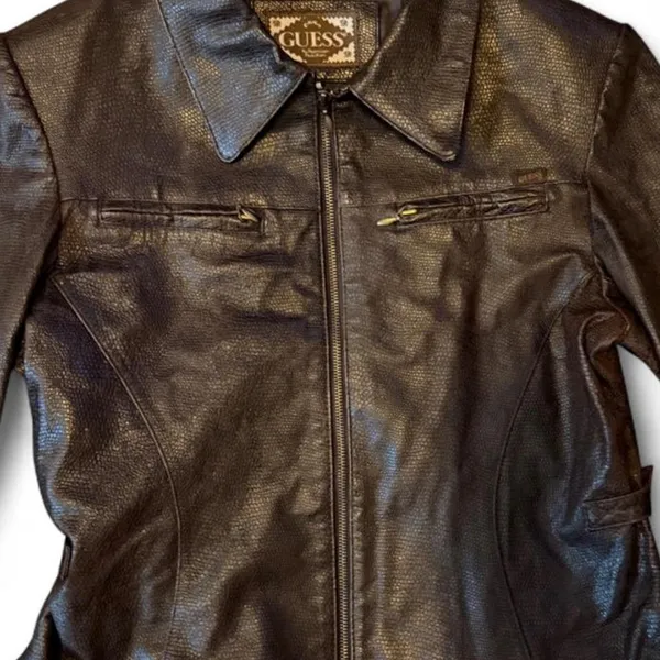 Vintage GUESS Brown Faux Snakeskin Jacket Women’s L Y2K Full Zip Moto 90s 2000s - Image 4