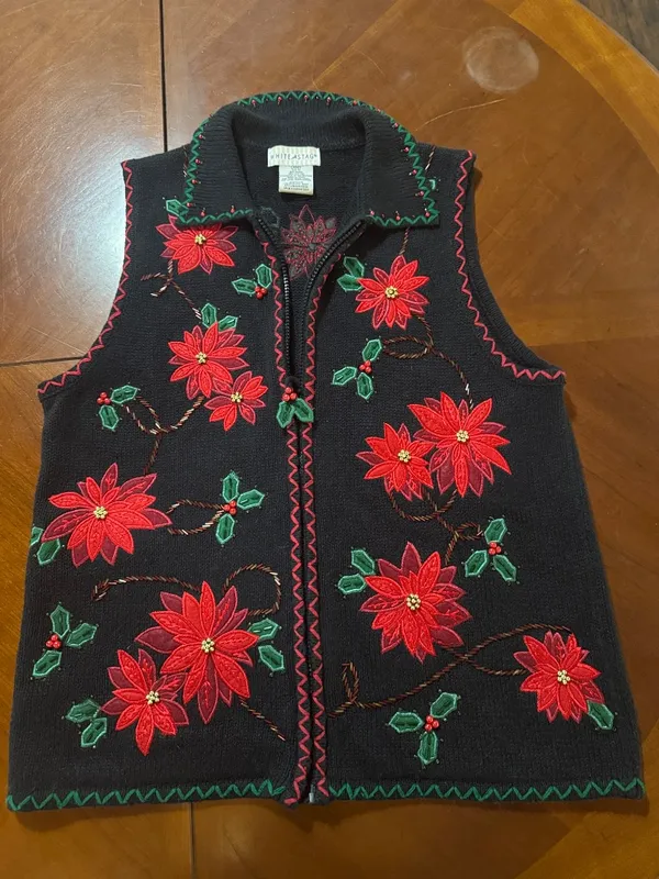 Vtg Women Ugly Christmas Sweater Vest Zip Up Poinsettia Embroidered Beaded 4/6 - Image 2