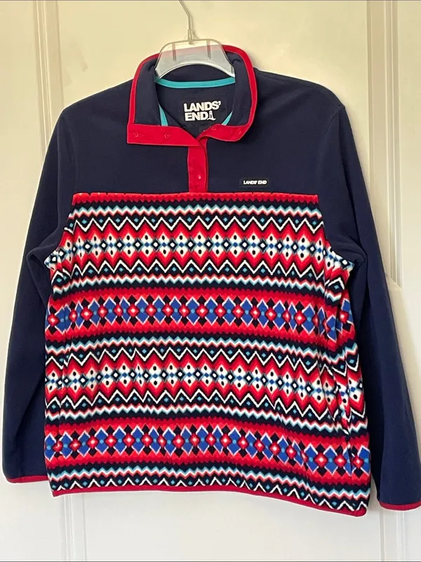 Lands End Snapneck Heritage Fleece Pullover Large Fair Isle Geometric - Image 3