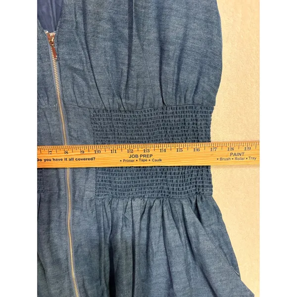 Anthropologie Tommie Denim Eyelet Trim Dress Blue cotton Midi Zip Front L NEW - Image 5