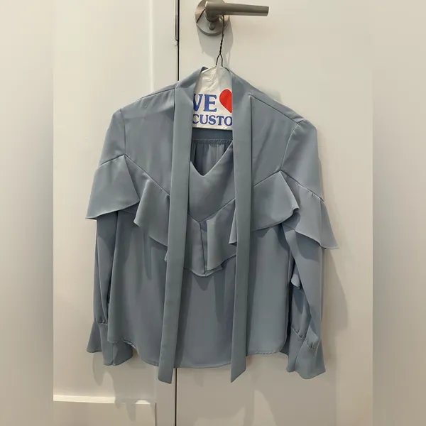 Blue Vintage Style Ruffle Blouse Size XS - Image 2