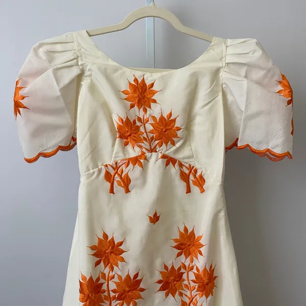 VTG Prairie Dainty Embroidered Floral Scalloped Maxi Dress XS White Orange - Image 2