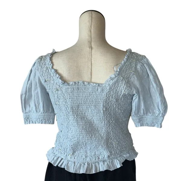 NEW Free People Cecelia Puff Sleeve Smocked embroidered Rosette Cute Top L - Image 7