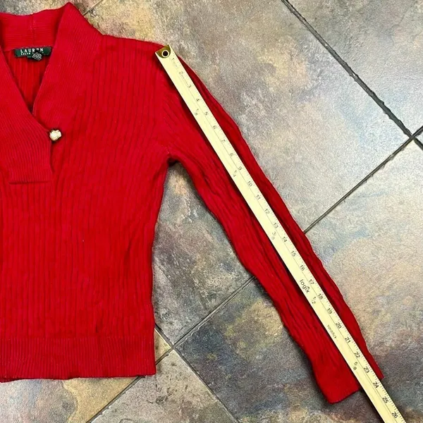 Lauren Ralph Lauren Red Ribbed Sweater Shawl Collar Gold Button Medium - Image 4