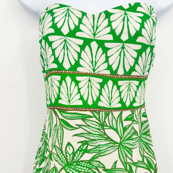 Zara Womens Green Resort Tropical Leaf Print Strapless Linen Blend Midi Dress‎ S - Image 3