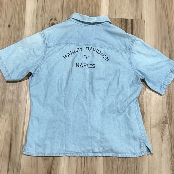 Harley Davidson Vintage Embroidered Naples Button Down Denim Shirt Women’s Large - Image 3