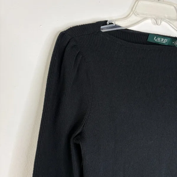 Lauren Ralph Lauren Black Ribbed Knit Long Sleeve Top M Silver Crest Button Cuff - Image 8