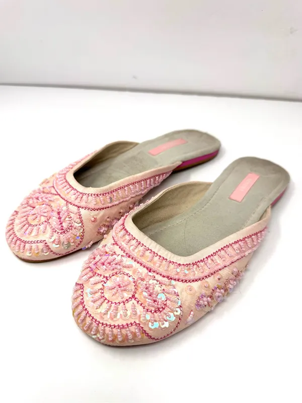 REPORT bubble gum pink fabric/sequins/beading slides, unmarked size 9 - Image 2