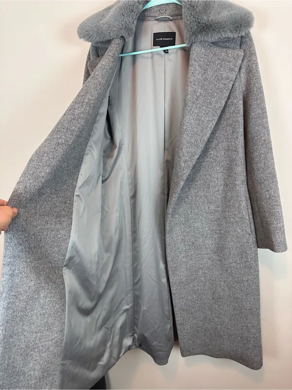 Club Monaco Baylee Gray Wool Blend Faux Fur Collar Belted Coat M - Image 2