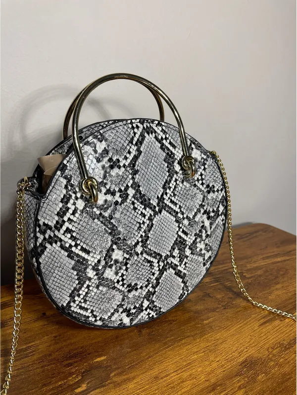 Mango Snakeskin Round Crossbody Bag with Gold Chain festival - Image 6