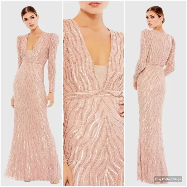 Mac Duggal Pink Size 8 Sequin Beaded Plunge Neck Long Sleeve Trumpet Gown Dress - Image 2
