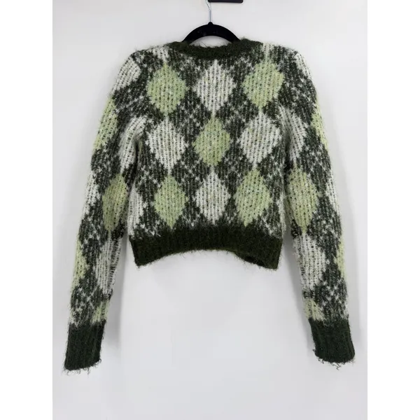 Lovers and Friends Tanessa Argyle Sweater Womens XS Green Fuzzy Knit Preppy Wool - Image 3