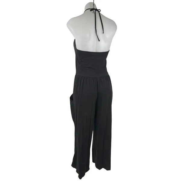 Oak + Fort Women's Black Sleeveless Halter Wide Leg Pockets Romper Jumpsuit Sz L - Image 3