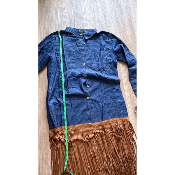 Set sunglasses & Blue Chambray Shirt Dress with Brown Faux Suede Fringe Hem - M - Image 8