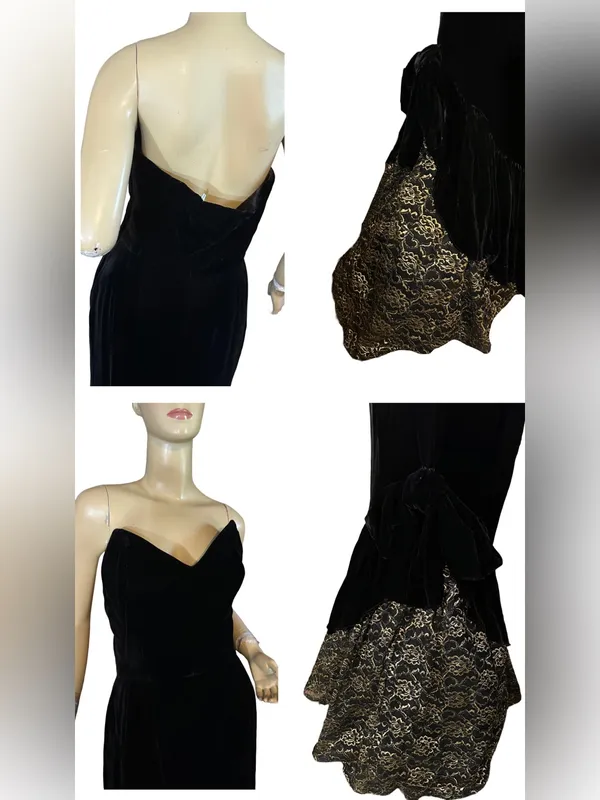 Vintage 1980'S Black Velvet Strapless Mermaid Dress W/Gold Lace Train (M) - Image 8