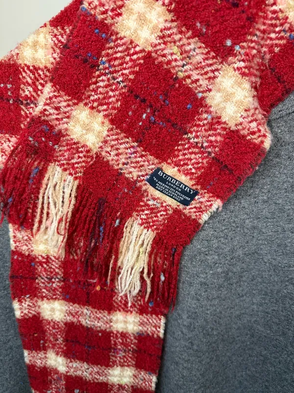 Burberry Red and Cream Checked Fringe Scarf - Image 5