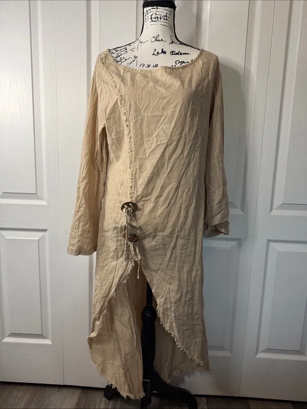 Women's High-Low Long Sleeve Dress in Beige - Image 2