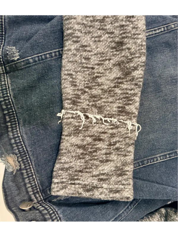 Free People Denim Knit Sleeve Hooded Jacket Distressed Dark Wash h - Image 7