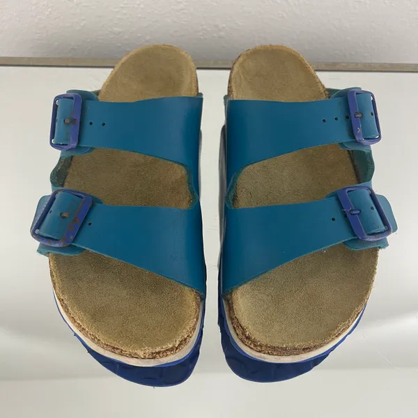 Birkenstock Two Tone Blue Leather Arizona Dual Strap Summer Slip On Sandals - Image 6