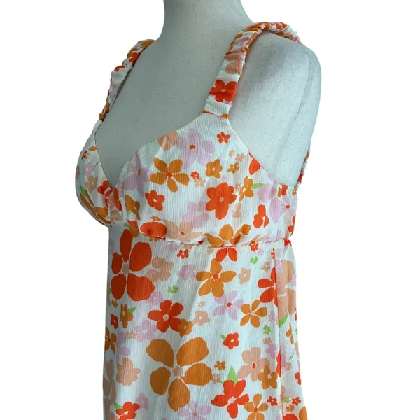 Le Lis Collection Baby Girl Empire Waist Mini Dress Frill Straps Orange Floral M - Image 8