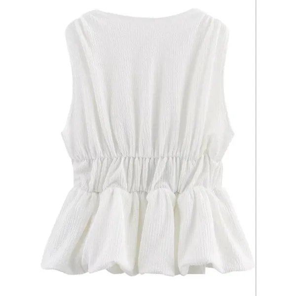 NEW White V Neck Sleeveless Bow Plisse Shirt Tank Top - Image 2