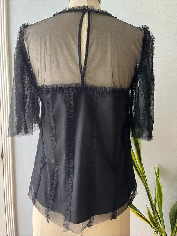 Boden• Black Mesh Ruffle Lace Blouse• Sz 8 - Image 3