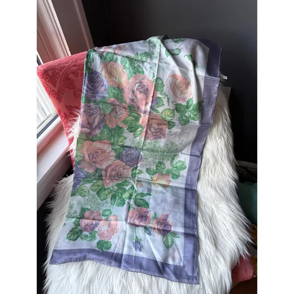 Floral Patterned 100% Silk Women's Scarf Purple - Image 2