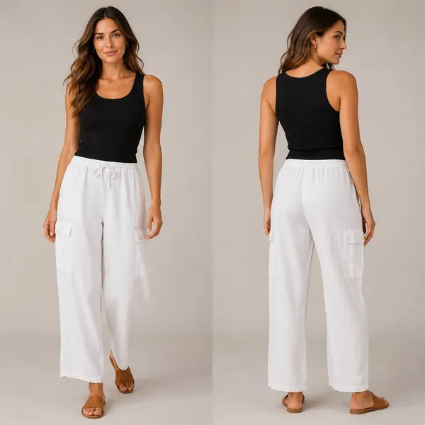 Vintage Y2K Mossimo Linen Wide Leg Cargo Pants White Drawstring Women's Small - Image 2