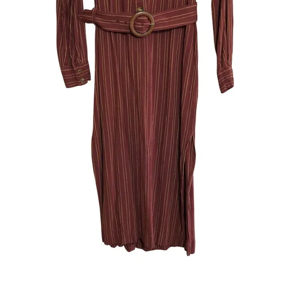 Free People Burgundy Pinstripe Belted Midi Shirt Dress Maroon‎ Academia Boho - Image 3