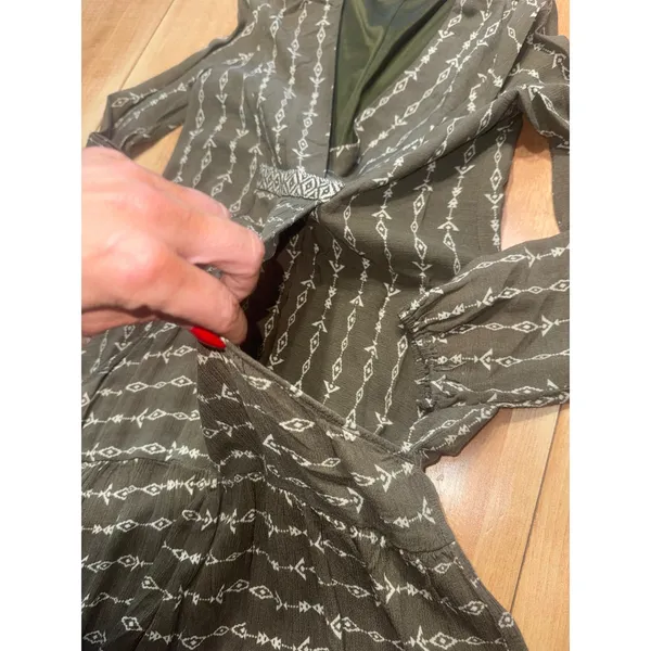 Altar State Olive‎ Green Tribal Print Long Sleeve Tiered Mini Dress S - Image 3