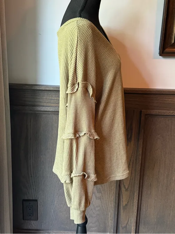 BTFBM Ruffled Sleeve V-Neck Knit Top — Olive large - Image 5